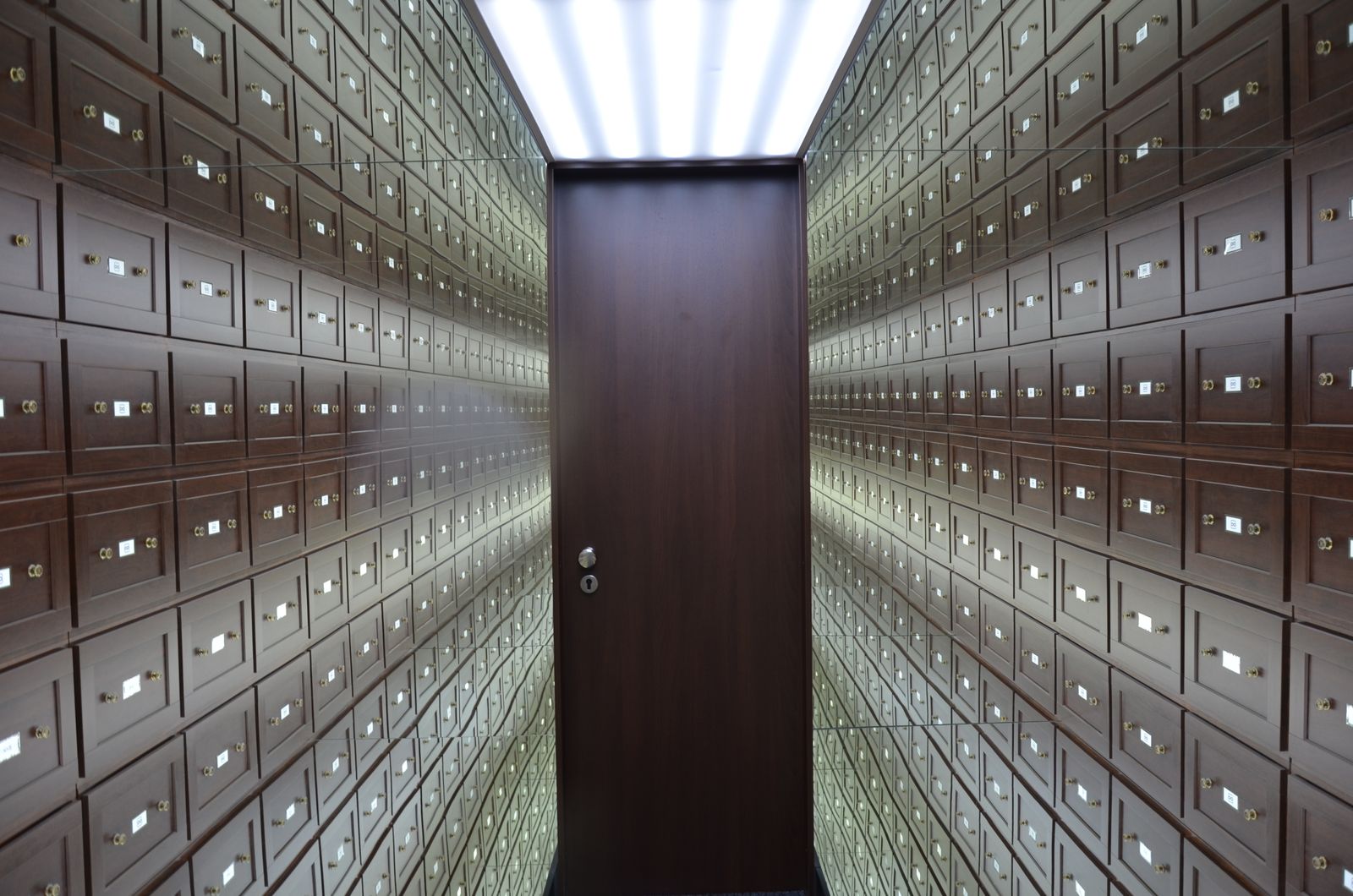 Rows of locked safe-deposit boxes lining a vault with a secured door